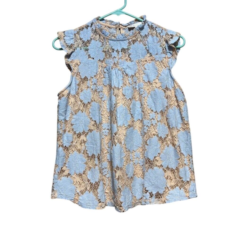 Monteau Girls Lace Blue Cream High Neck Sleeveless Top Size XL